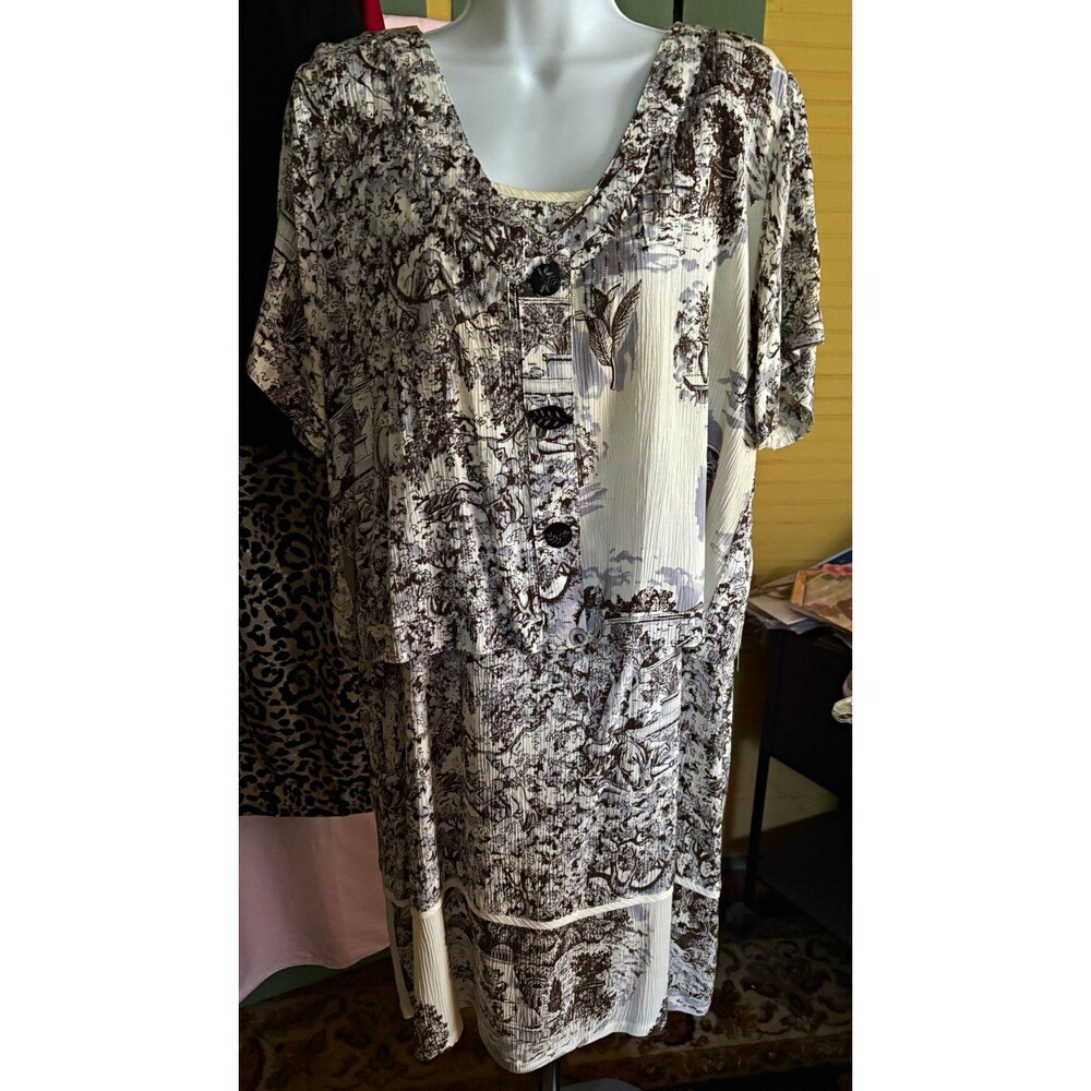 Key Lime Pie XL Two Piece Toile Print Rayon Dress Beaded Boho 42” Bust